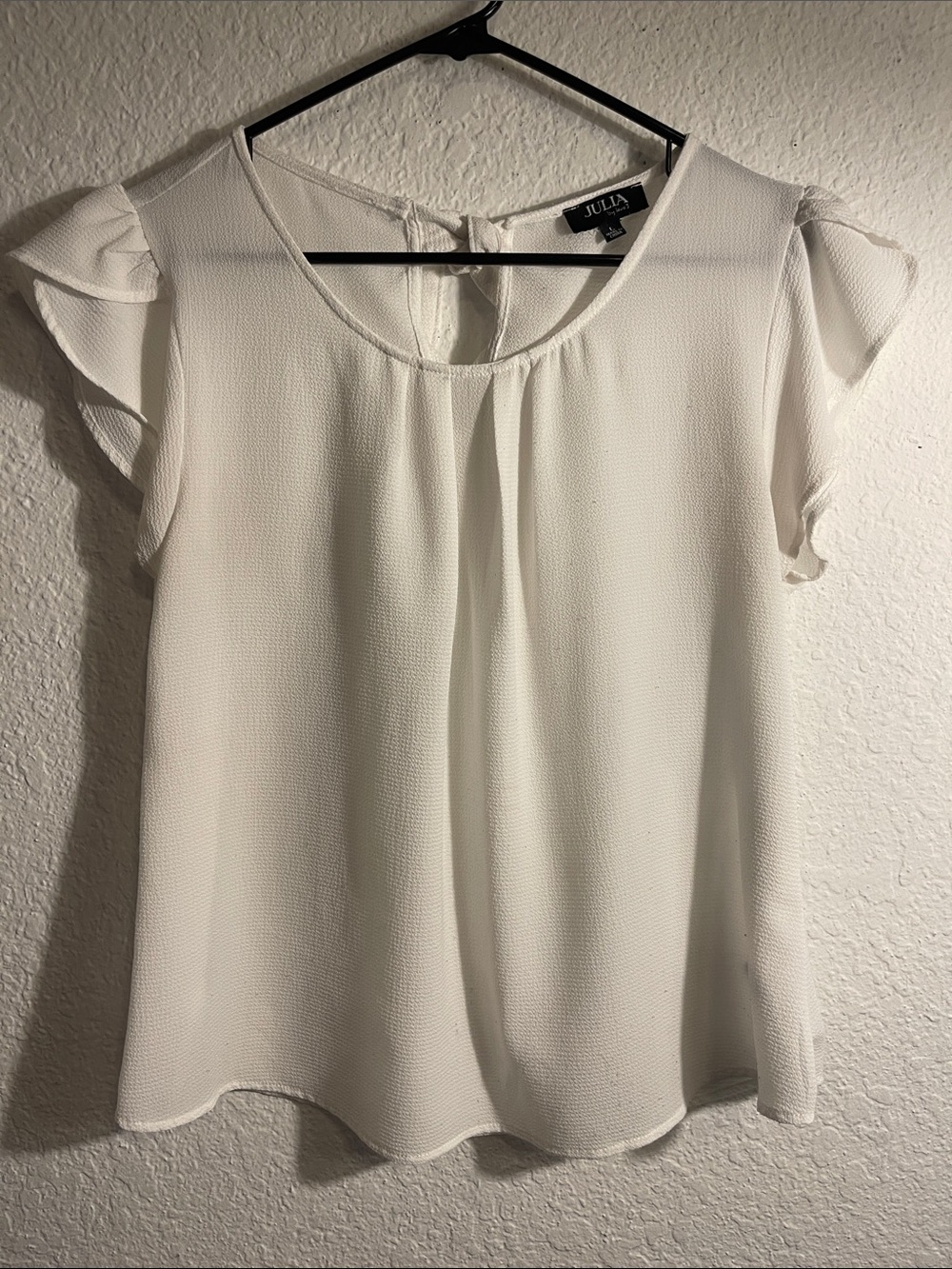 Julia, White Flutter Sleeve Blouse - Elegant Women's Top Size Large.